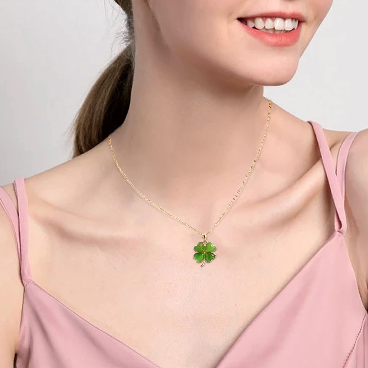 Green Clover Shamrock Necklaces for Women, Cute Dainty St Patricks Day Pendant Chain Choker Prom Wedding Accessories Outfit Jewelry Gift - Image 2