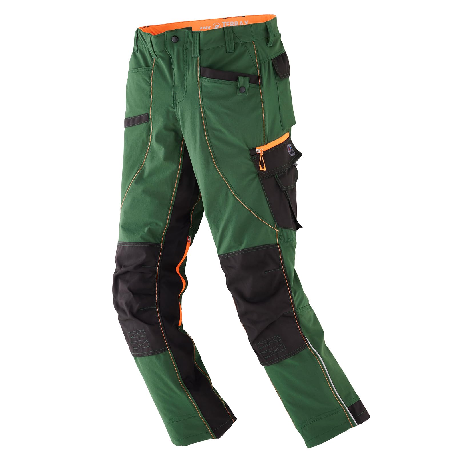 TERRAX WORKWEAR Męskie 4-kierunkowe spodnie ze stretchu, zielony leśny / pomarańczowy