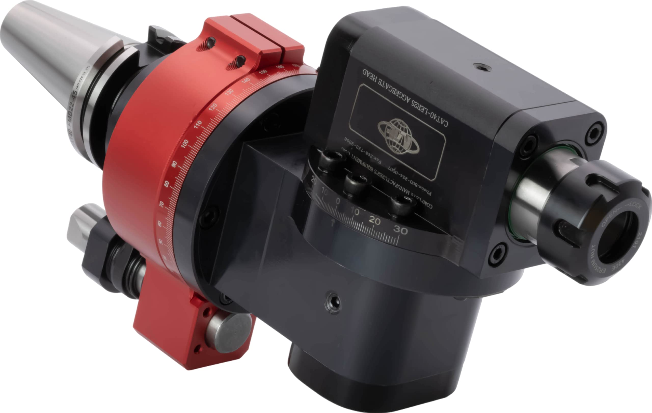 Universal CNC Angle Head, CAT 40 Taper Shank, for ER-25 Collets, -115°-115° Spindle Angle Adjustment