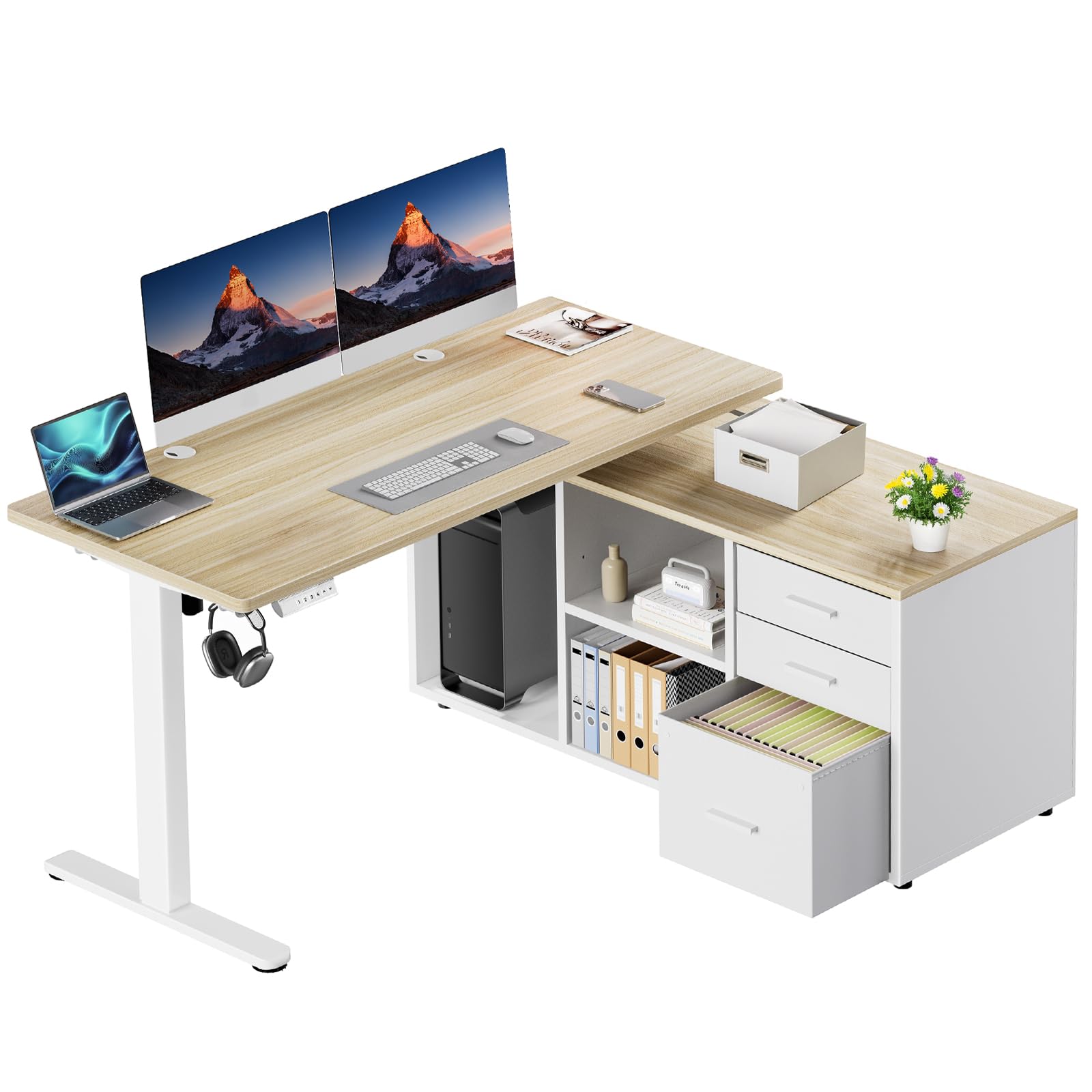 HUANUO L Shaped Standing Desk, Electric Executive Desk with Drawers, Adjustable Height Stand Up Desk, 55″ x 23.6″ One-Whole Piece Desktop, Computer