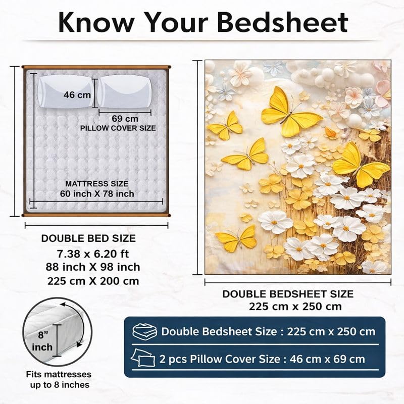 Image of Akshya King Size 7D Bedsheet 90x100 inches, Glace Cotton 300 TC Flat Bedspread for Double Bed with Large Pillow Covers Yellow Butterfly Cartoon Print