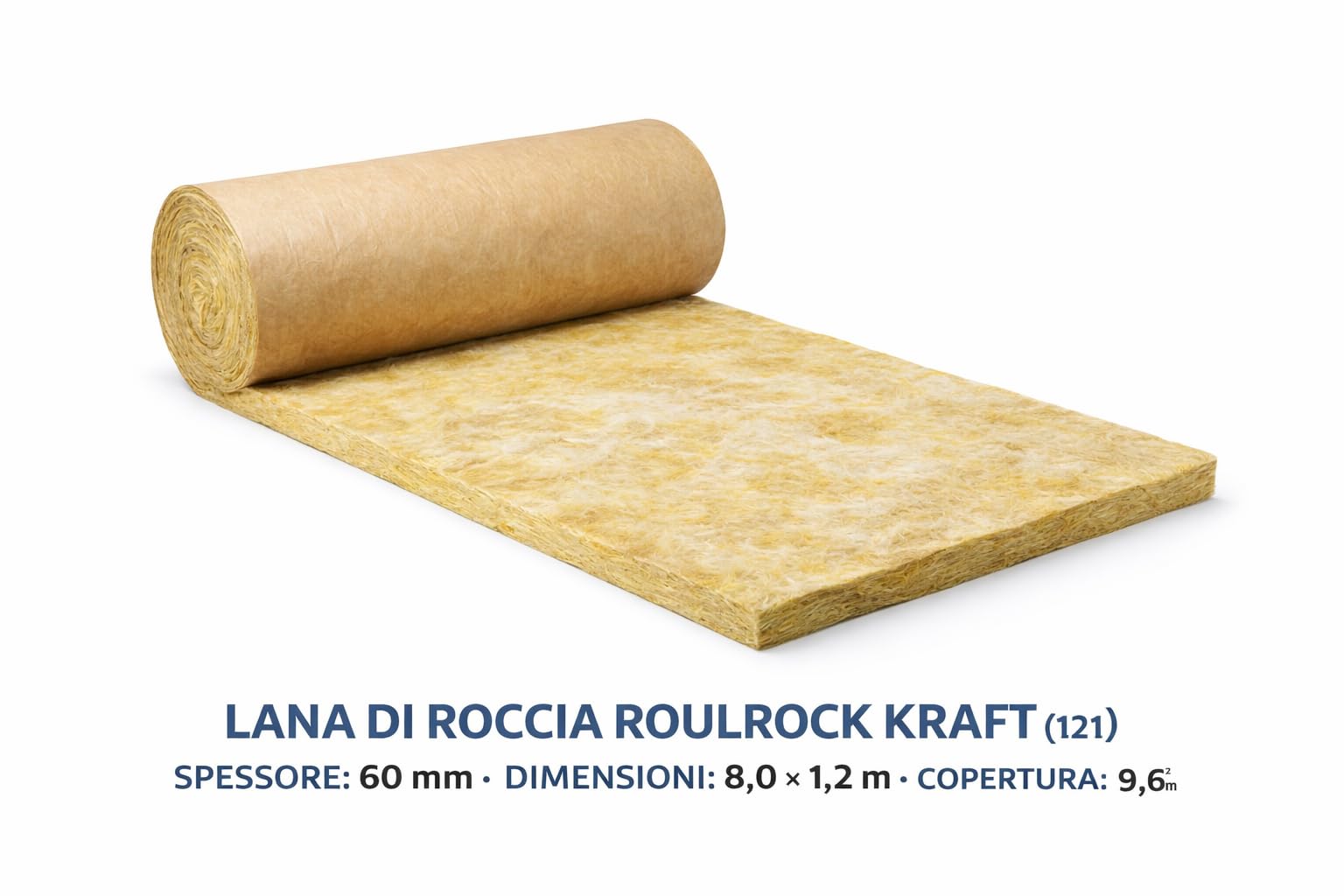 Lana di Roccia Roulrock Kraft 121 60 mm Rotolo Isolamento Termico Acustico 9,6 m² Rivestimento Kraft per Pareti Controsoffitti Interni LEMAG SRL