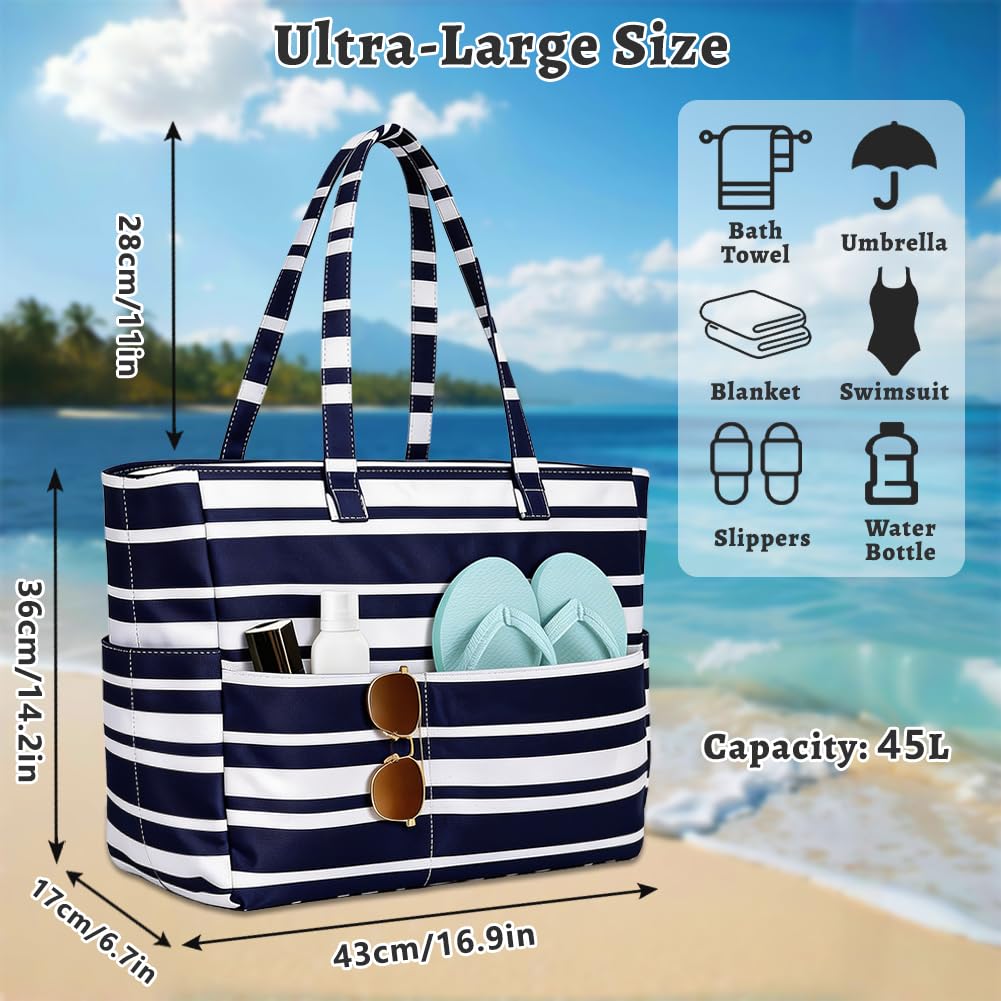 flintronic Duża torba plażowa z zamkiem błyskawicznym, wodoszczelna torba plażowa | 43 l/45 l składana lekka torba kąpielowa damska torba plażowa na plażę, urlop, basen