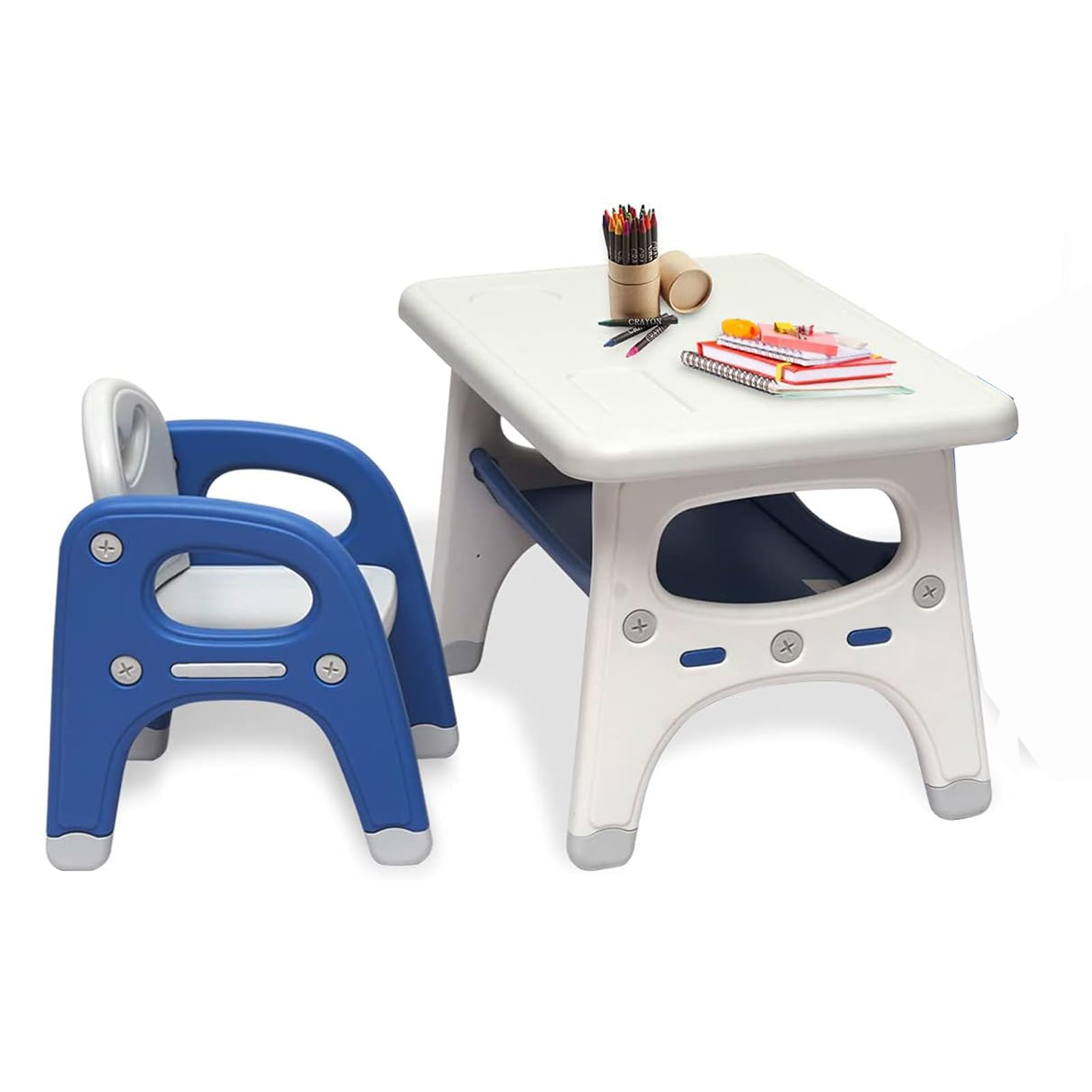 U-HOOME Kids Table and Chair Set With Storage Bins - Activity Desk for Children's Art and Crafts, Playroom Plastic Furniture, Toddler Set (Blue+White)