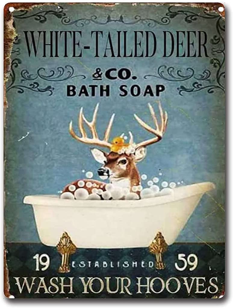 Tin Sign White Tailed Deer Bathroom Decor Deer Bath Soap Funny Metal Tin Sign Wall Decor Wall Art 8x12inch