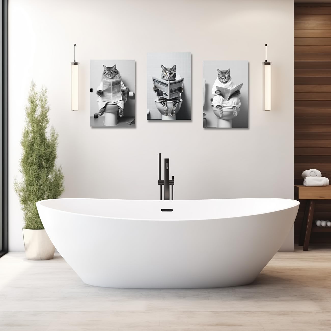 CXHOSTENT 3 Piece Animal Cat Sitting on Toilet Reading Newspaper Canvas Prints - Image 2