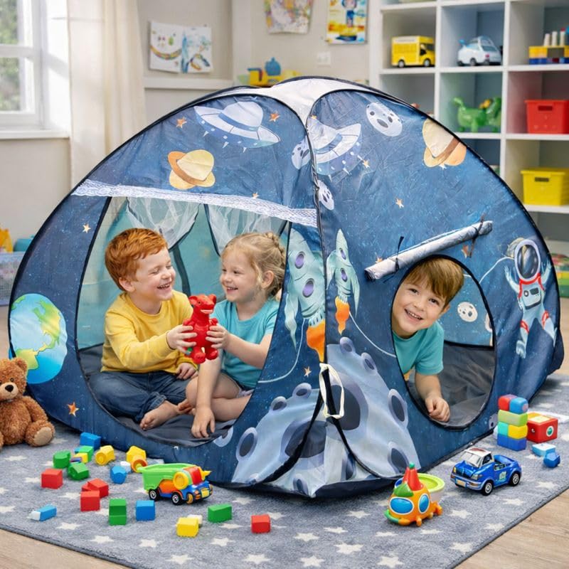 Image of Foldable Play Tent House Big Size for Girl Boys with Planet Theme Pop-Up Indoor & Outdoor Play House for Girls Boys| Multi Purpose Tent House with Fun Patterns Easy Setup & Portable (Planet Blue)