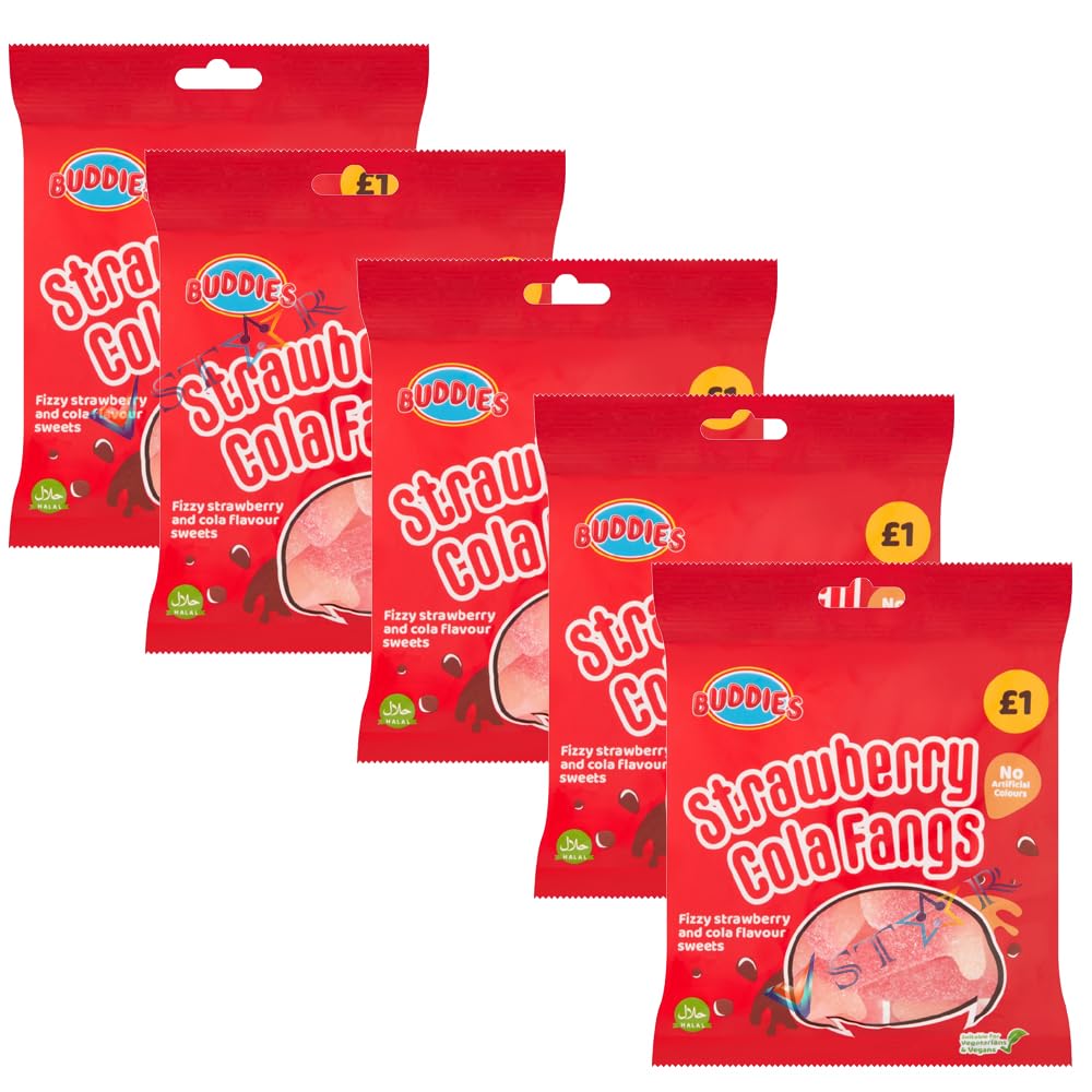 Buddies Bubblegum Brains,Strawberry Colla Fangs & Ring Mix sweet PM 160g (Pack of 5, Strawberry Colla Fangs)