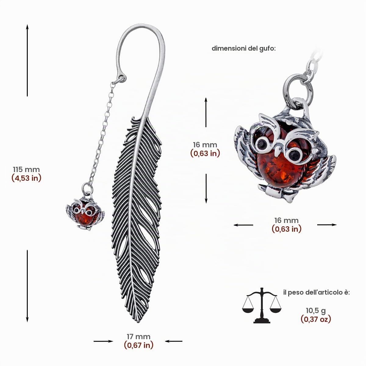 Segnalibro in argento 925, superficie ossidata, ciondolo gufo con ambra baltica ovale color cognac, lunghezza circa 11,5 cm