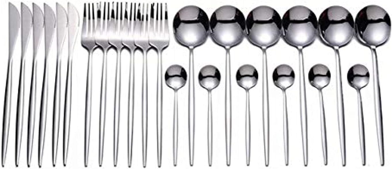 Kitchen Cutlery Set, 304 Stainless Steel Fork Spoon Knife Dining Dinnerware Tableware Set, 24Pcs/Set