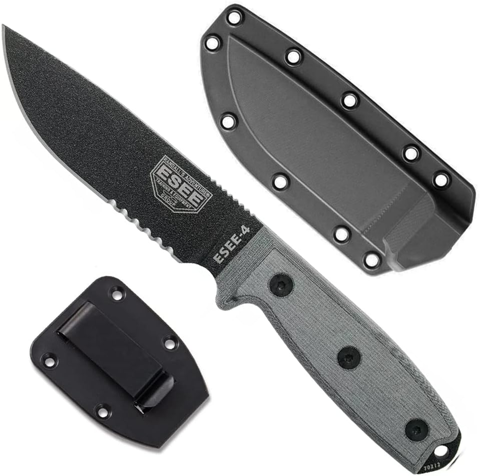 ESEE Knives Model 4S Survival Knife – Serrated Edge, Fixed Blade Knife, Includes Sheath – Field Tested, Made in the USA ESEE Knives Model 4S Survival Knife – Serrated Edge, Fixed Blade Knife, Includes Sheath – Field Tested, Made in the USA