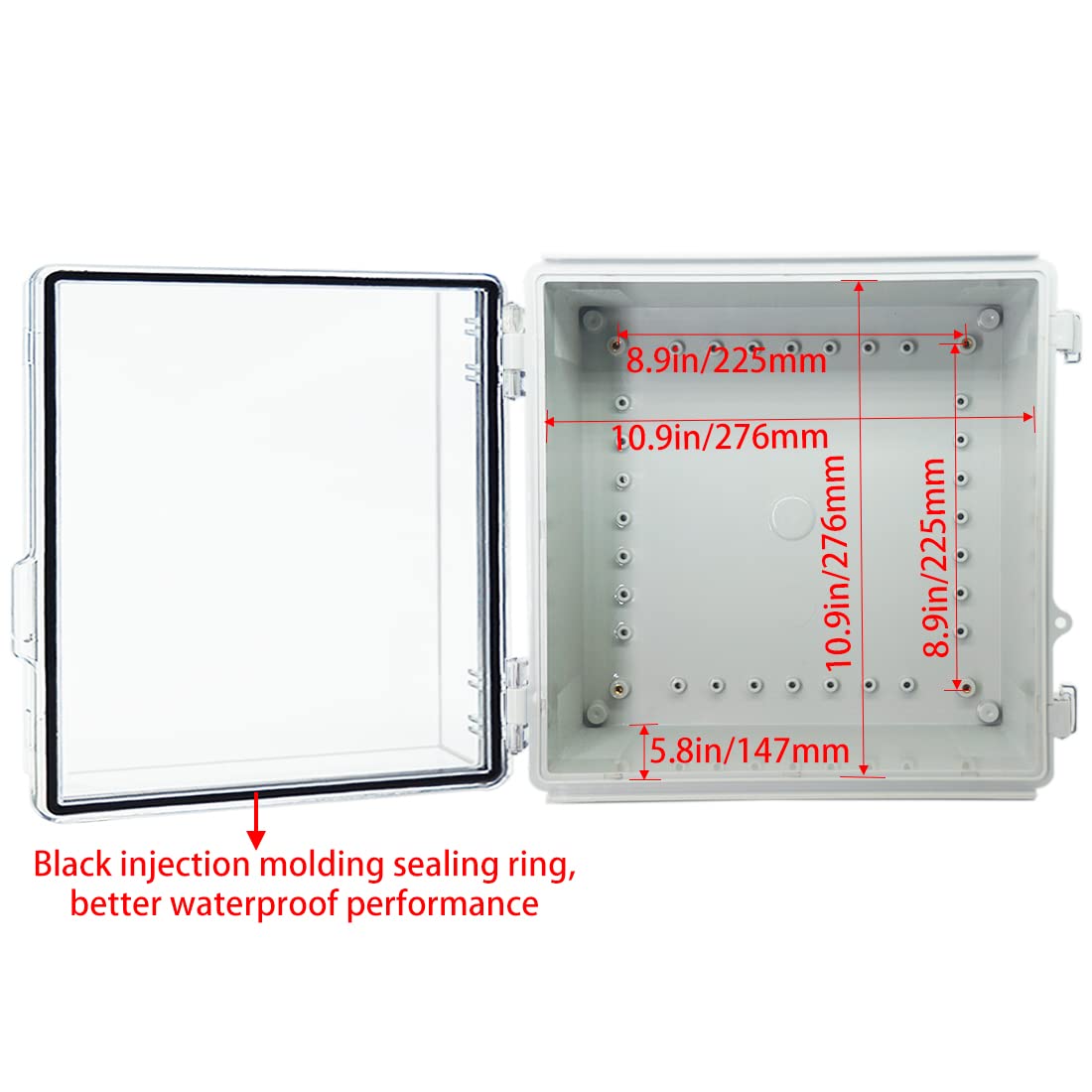 Abzweigdose, Scharniere, transparente Abdeckung, Edelstahlriegel, IP67, wasserdicht, elektrisches Kastengehäuse mit Montageplatte und Wandhalterung, 30x30x18 cm