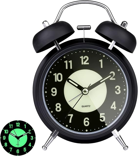 GINZER Classical Retro Twin Bell Alarm Clock, Non Ticking Silent Bedside Alarm Clock with Backlight, Desk Clock With Nightlight, Loud Alarm for Heavy Sleepers Bedrooms Office, Battery Operated(Black)