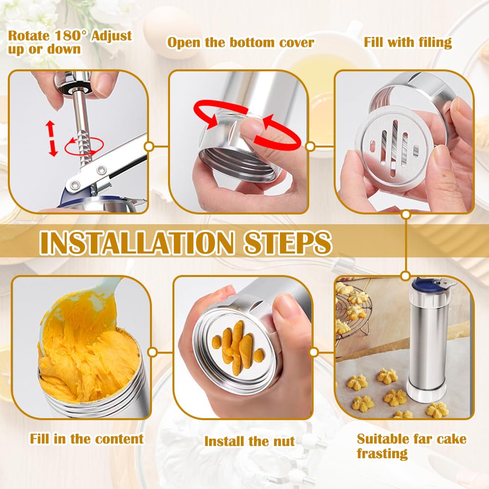 FARYODI Pressa per Pasticceria, Siringa per Pasticceria con 20 Stampi e 8 Ugelli in Acciaio Inox, Siringa per Pasta, Siringa per Dolci, Macchina per Biscotti, Pressa per Biscotti, Pressa per Impasto