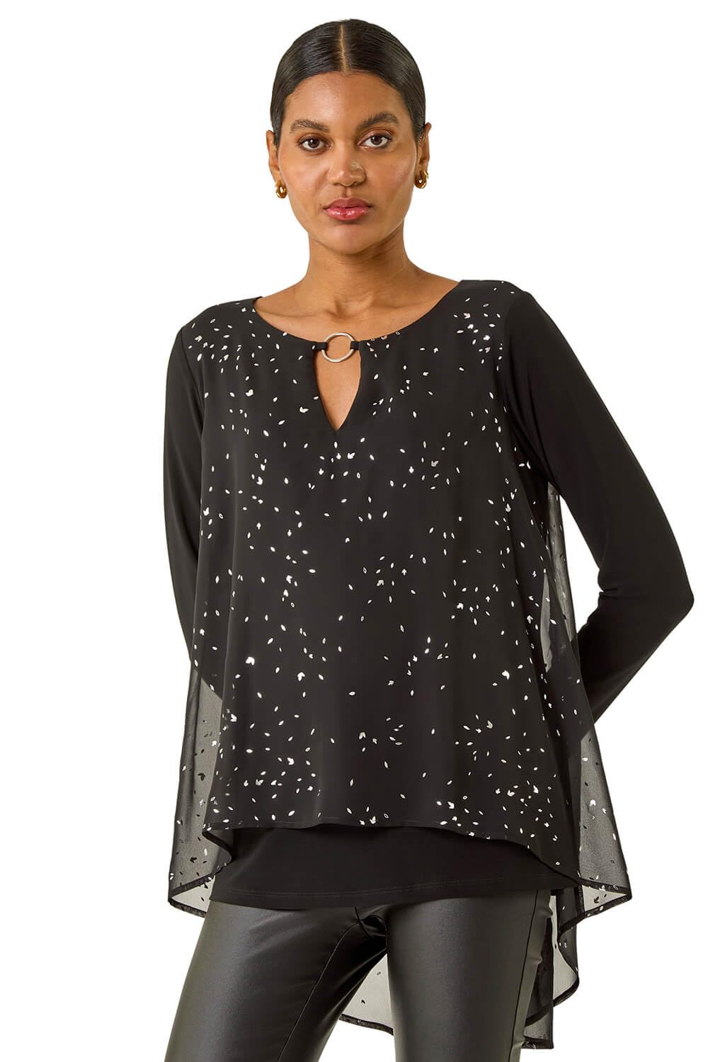 Roman Originals Women's Noir Ring Front Chiffon Overlay Tunic Top For Uk - Everyday Autumn Winter Round Neckline Comfy Soft Evening Vacation Work Party Night Out - Size 10
