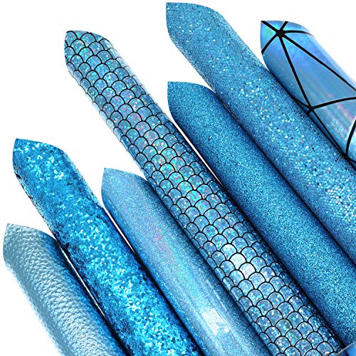 ZAIONE 7-teiliges Set aus Kunstleder-Stoffbögen, gemischtes Bündel, glänzend, holografisch, glitzernd, Kunstleder, Vinyl, 20 x 30 cm, A4 für Schleifen, Ohrringe, Bastelarbeiten (blaue Serie) Cover