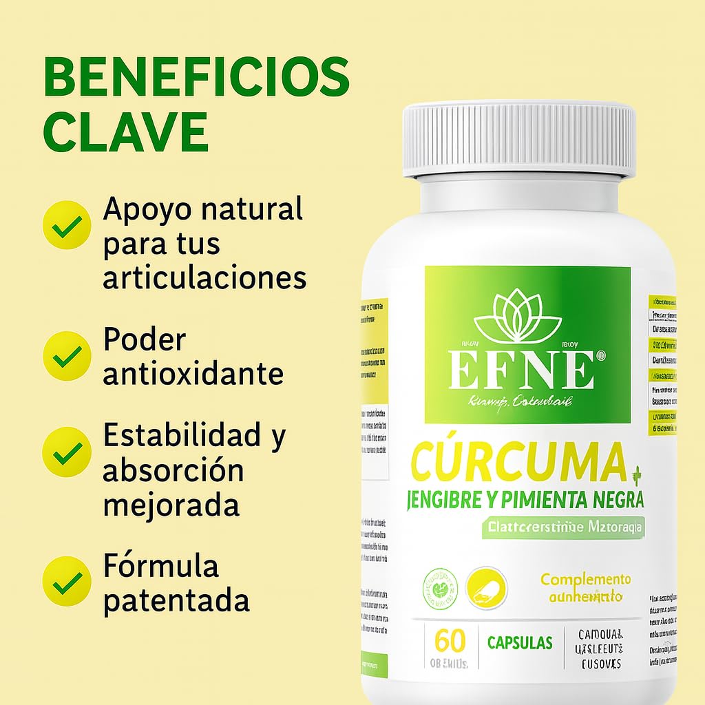 EFNE CURCUMINA FORTE – Cúrcuma + Jengibre + Pimienta Negra | 60 cápsulas veganas | Extracto de cúrcuma 95% curcumina + jengibre 5% gingeroles + piperina 95% | Sin gluten ni lactosa