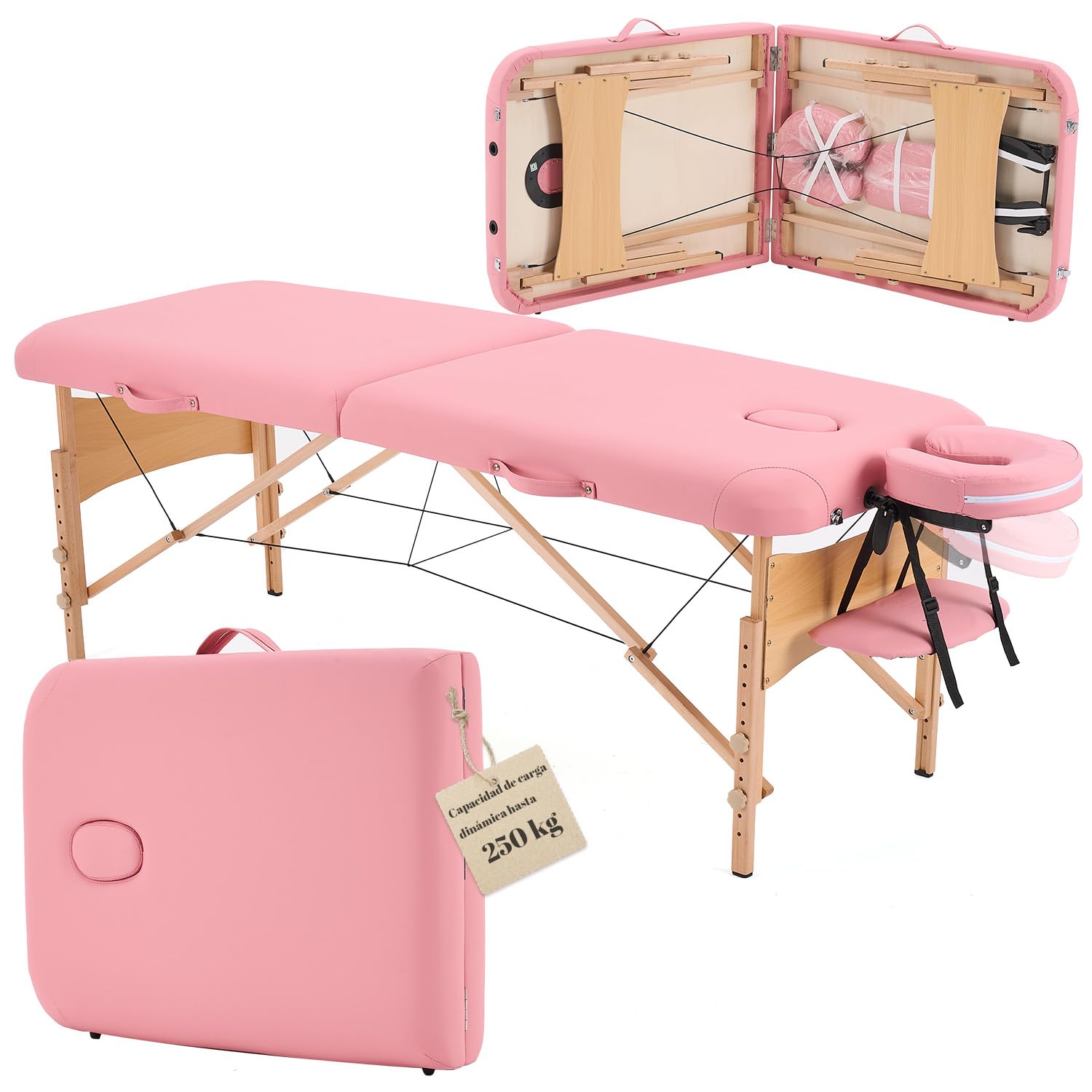 kidol&shellder® Cama de Masaje 70cm, Plegable portátil, 250kg Capacidad, 9cm Acolchado PU, Bolso de Transporte, Respaldo Desmontable, Rosa