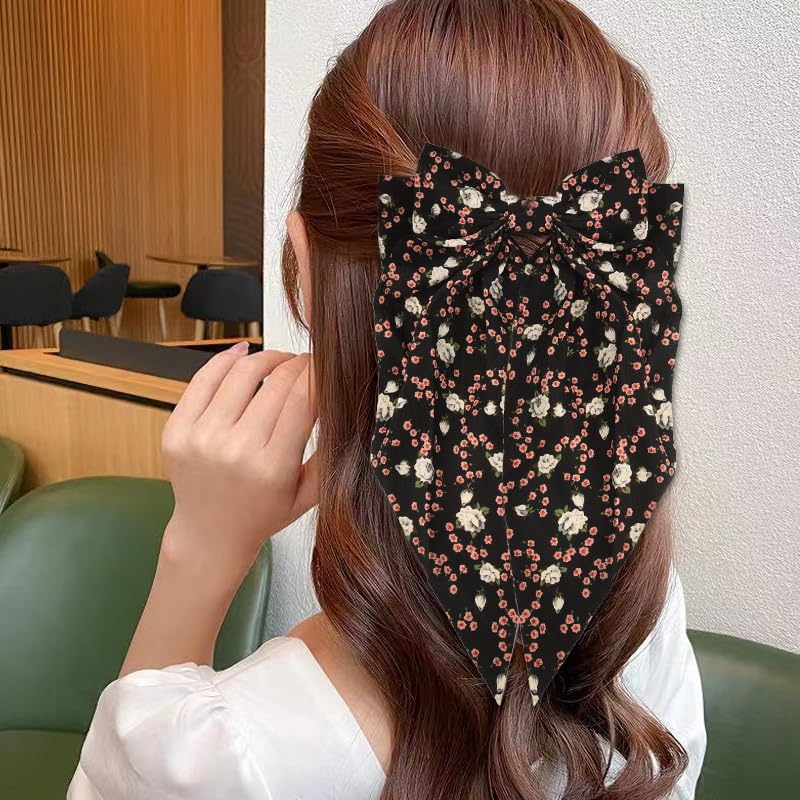 Miniatura 5 de Pinzas de lazo grandes para mujeres y niñas con cinta de cola larga, lazo floral negro, pasadores franceses, pinzas de lazo de satén sedoso para el