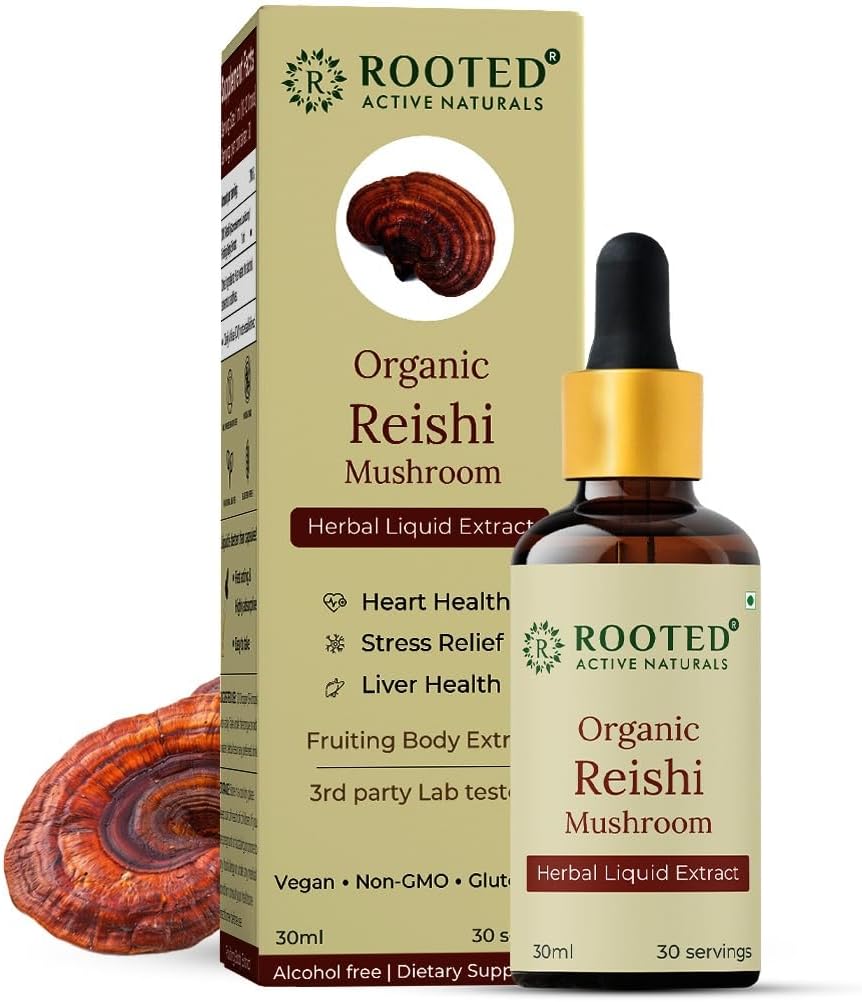 Rooted Actives Organic Reishi Mushroom Liquid Extract (30 ML, 30 Servings)