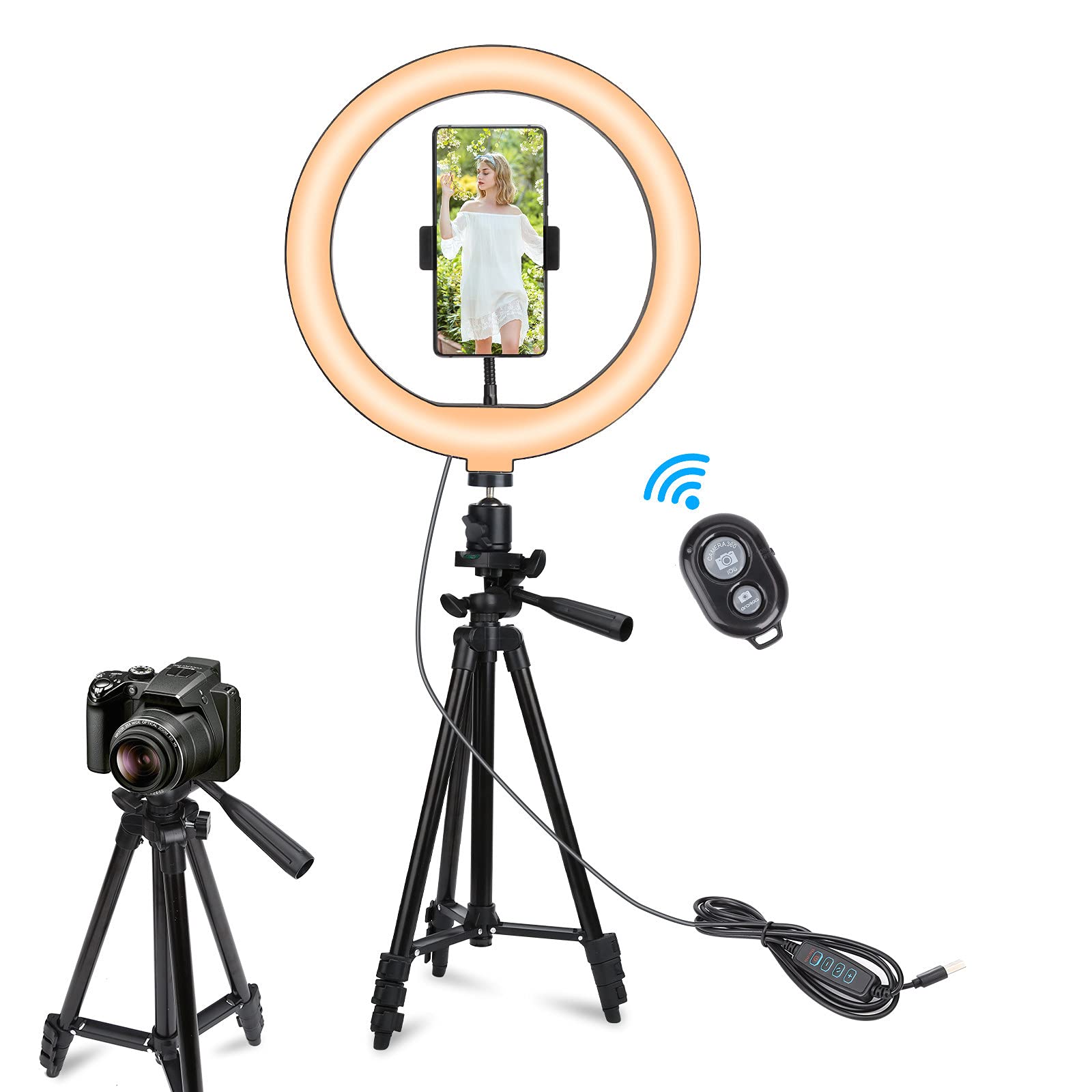 AccLoo10" Selfie Ring Light with 50" Extendable Tripod Stand & Phone Holders, 3 Color Modes and 11 Brightness Ring Light for Makeup YouTube Video Live Streaming, Compatible with iPhone & Android