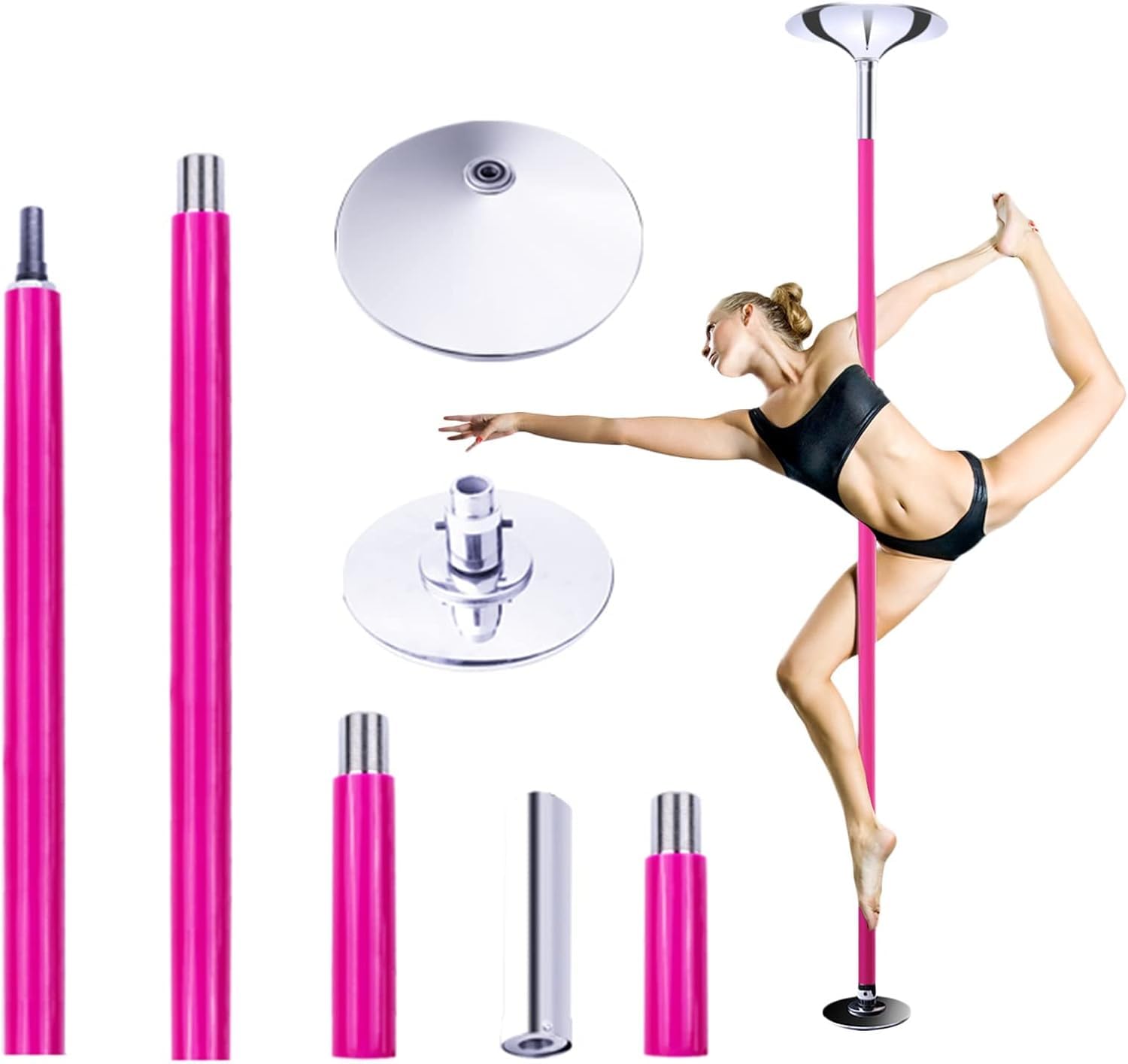 NGDFGR Dance Pole Exercise Club Stripper Pole For Plus Size Women, Spinning Static Portable Dancing Pole, Pink Silicone Dance Pole,Silver-7.5FT-12FT/2.3M-3.7M