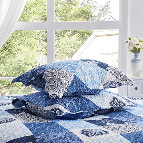 Full/Queen Size Quilt Set 3 Pieces Lightweight Reversible Bedspread-90''x98'' Soft Patchwork Floral Coverlet Luxurious Warm Microfiber Bed Cover All Seasons Blue Bedding Set(1 Quilt,2 Pillow Shams)