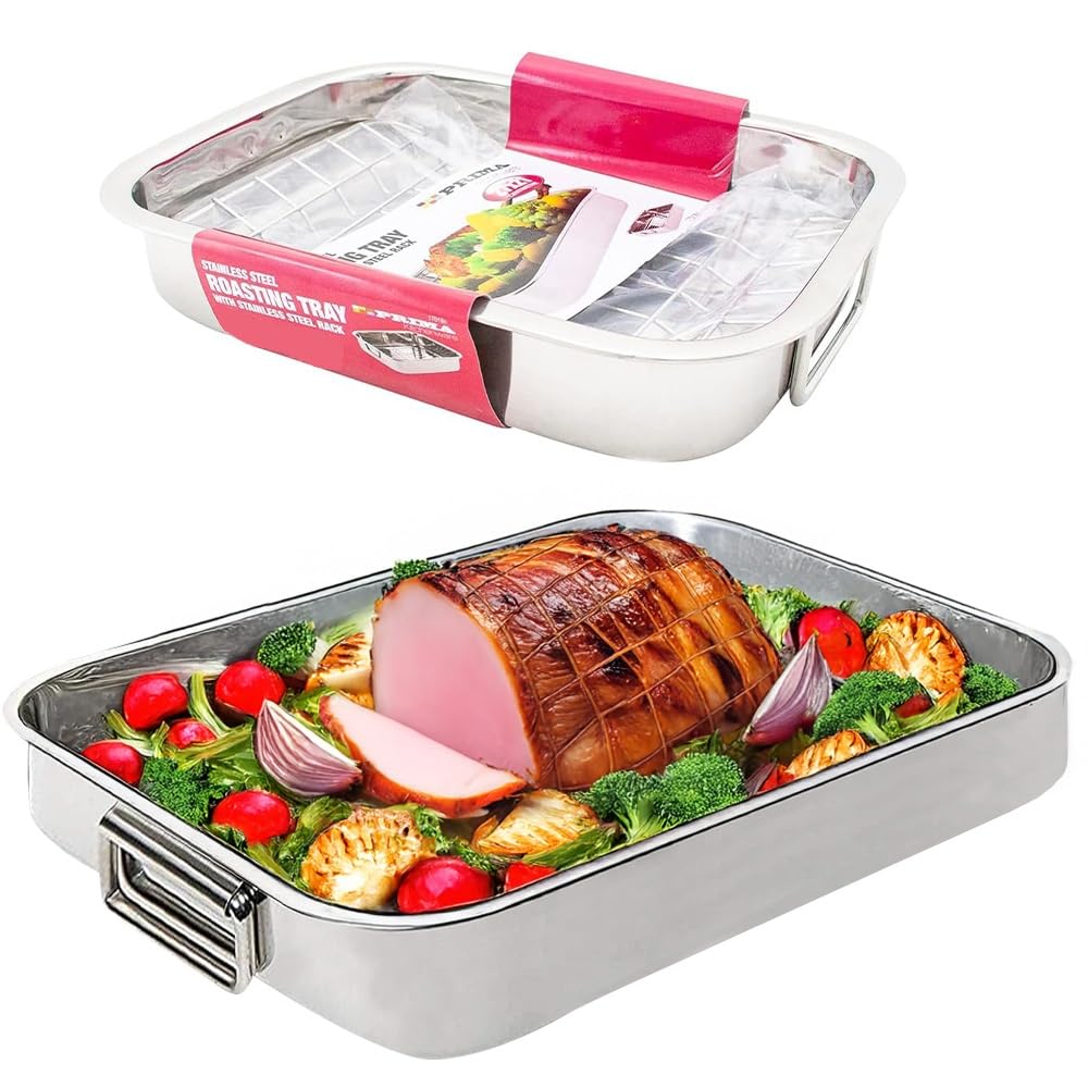 Bargains-Galore Silver Stainless Steel Roasting Trays - Oven Pan Dish Baking Roaster Tray Grill Rack | Strong Durable Long Lasting | Removable Grill Racks | Handles (42Cm X 31Cm)