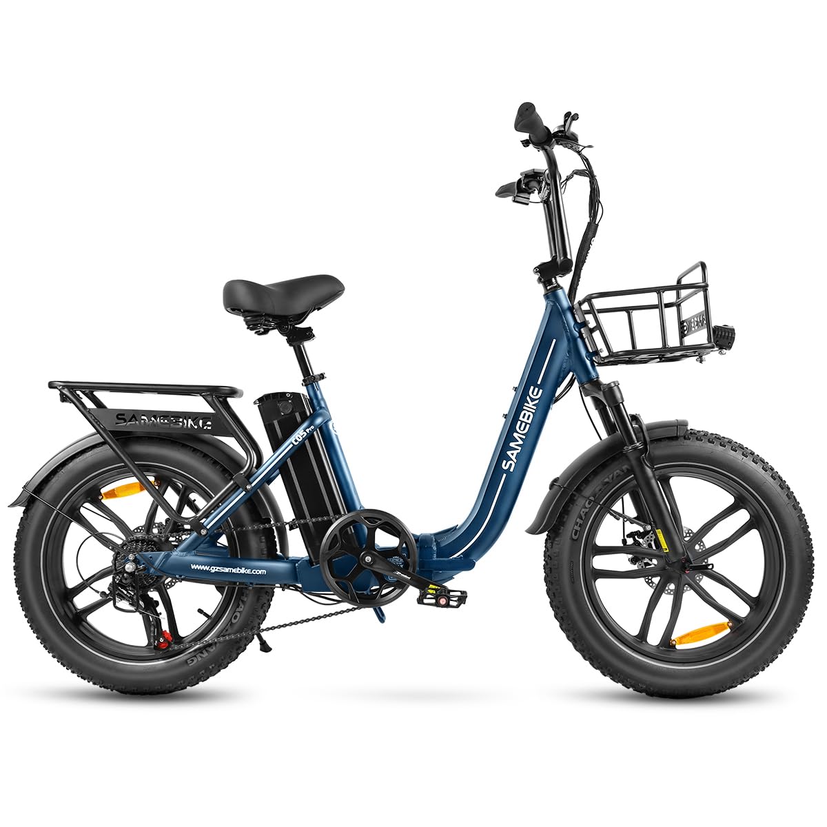 SAMEBIKE Electric Bike, Folding Adult Electric Mountain Bike, 36V 13AH Removable Battery, 7 Speed Gears, 20" *4.0" Fat Tire, Suspension Fork,with Rugged Front Basket and Rear Bracket, Quick Delivery