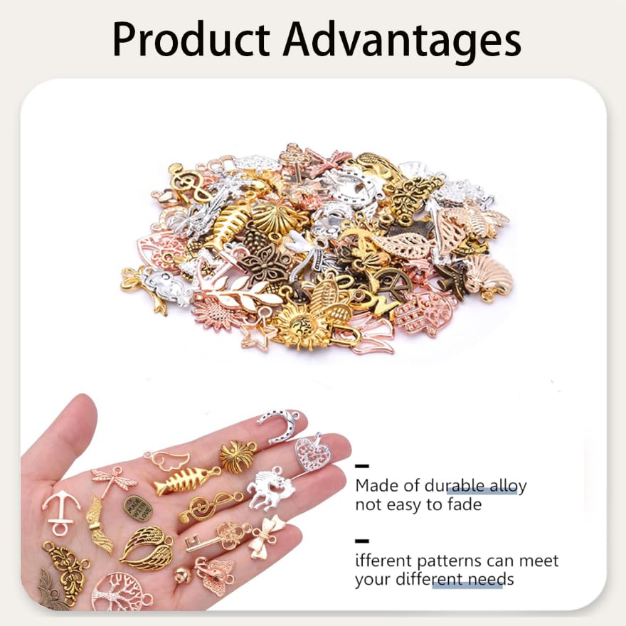 Image of Zibuyu 100Pcs Mixed Charms for Jewelry Making, Vintage Metal Pendants | with Lobster Clasps, DIY Bracelet & Jewellery Making Materials Kit with Charms, for Necklaces, Earrings, Keychains (7 Colors)