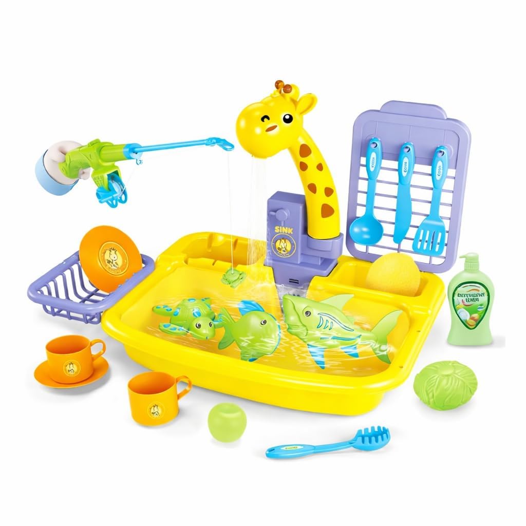 Kids Giraffe Water Sink Playset with Running Tap, Fishing Game, Toy Dishes, Utensils & Kitchen Accessories for Pretend Play Boys & Girls-image-6