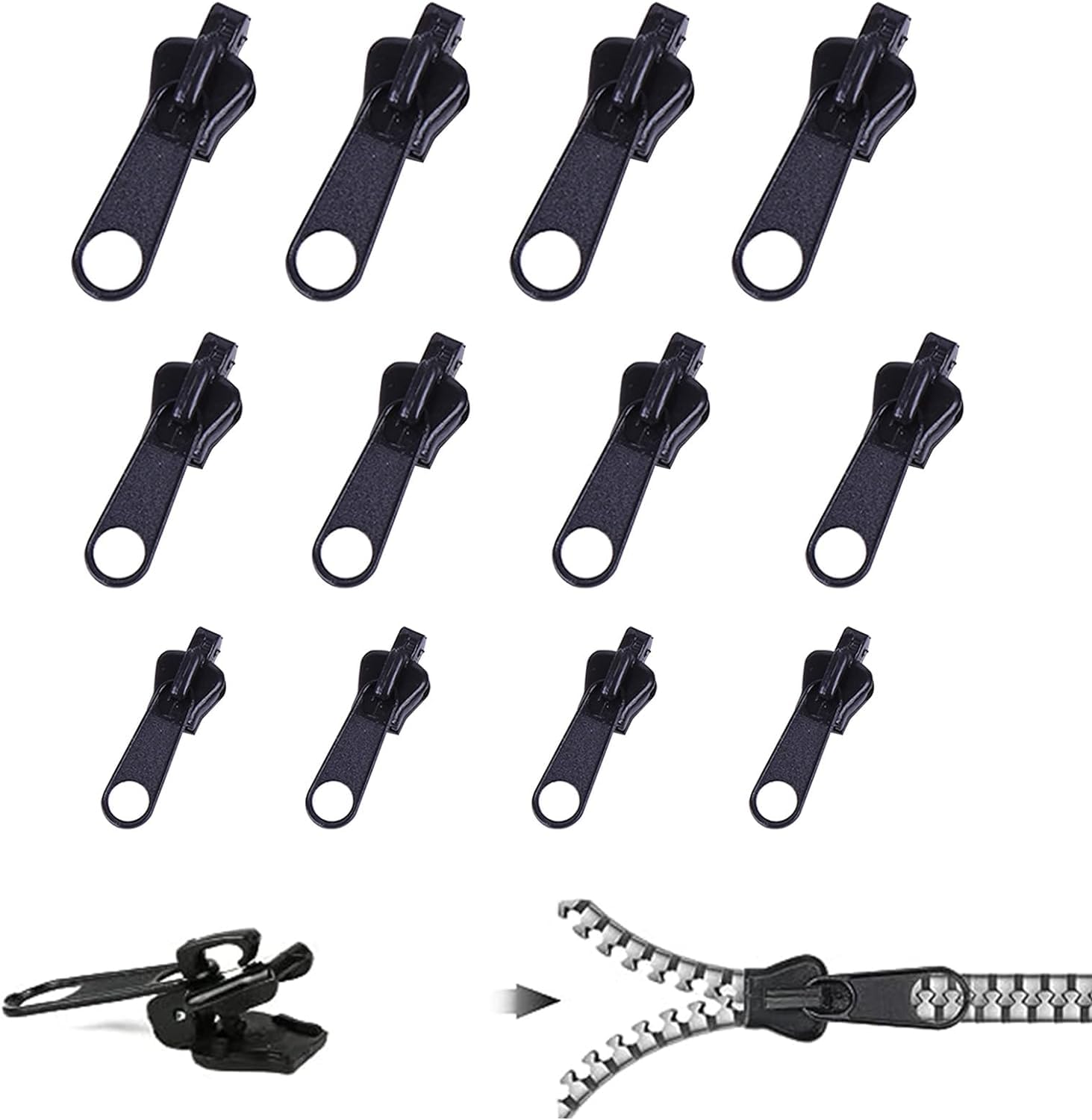 12Pcs Black Fix Zip Puller, Instant Zipper Set, Repair Kit for Sewing Clothes, Jacket, Luggage