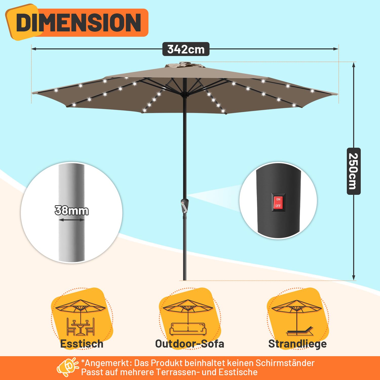 Sombrilla 350/270 cm, UV50+, sombrilla con manivela, tejido de poliéster de 160 g/m², sin base, gran sombrilla para piscinas, balcones y jardines, con LED/sin LED