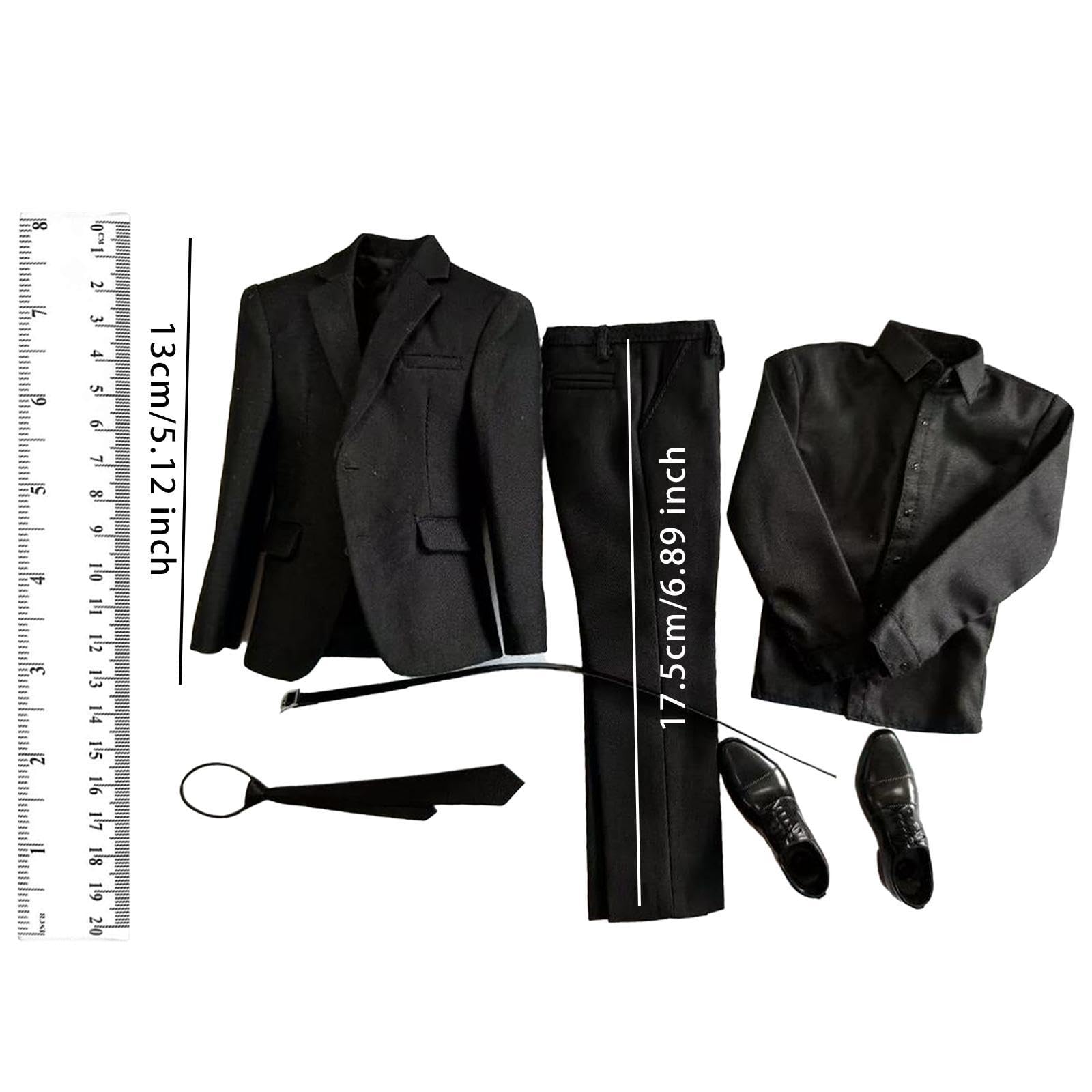 6 Teile Action Figuren Anzug Set Komplett mit Hemd Hose Schuhen Gürtel Krawatte Aus Stoff für Puppenliebhaber Modellsammlung, Schwarzes Hemd