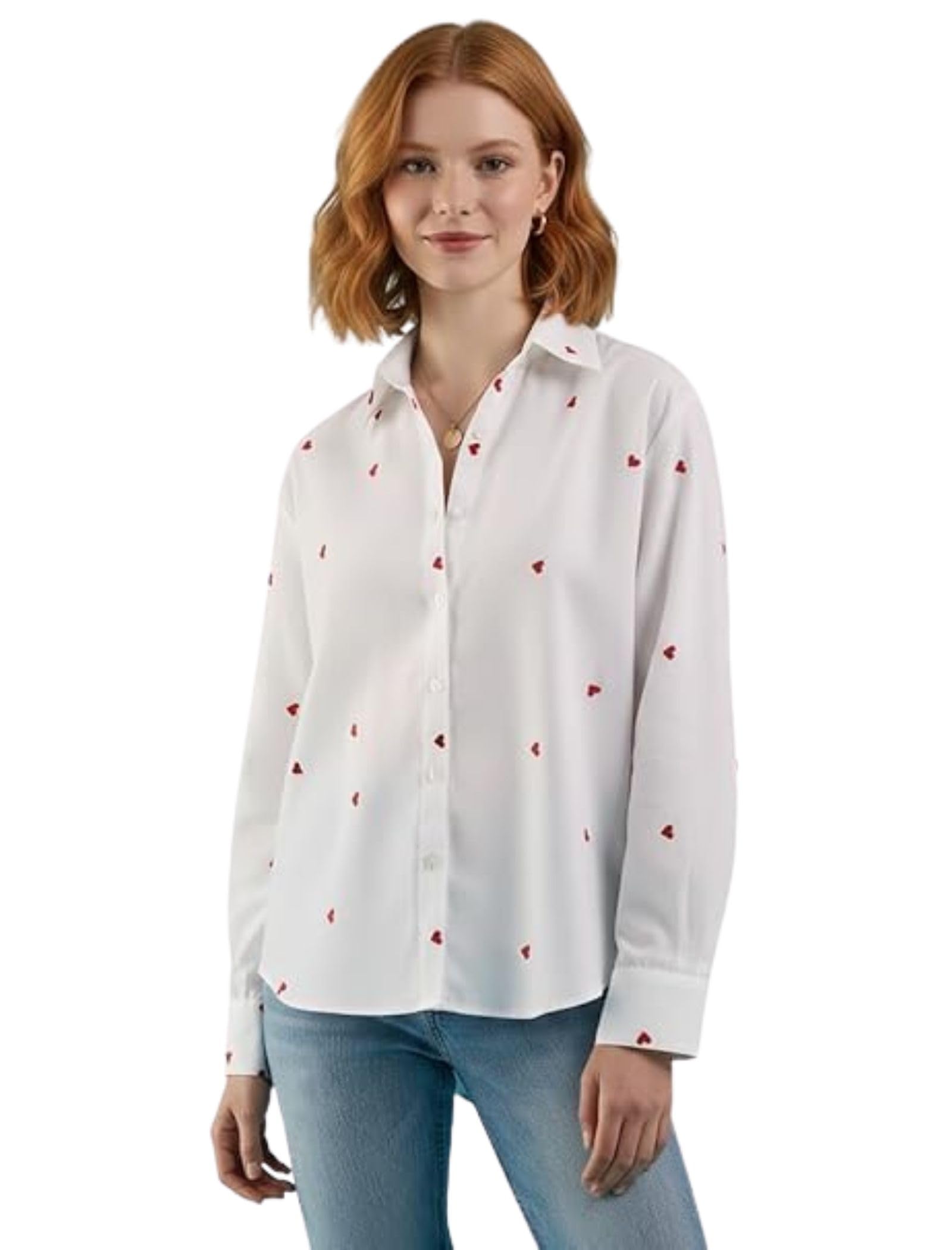 royalica Women's Regular Fit Red Heart Printed Button Down Collar Casual White Shirt.-picture-48