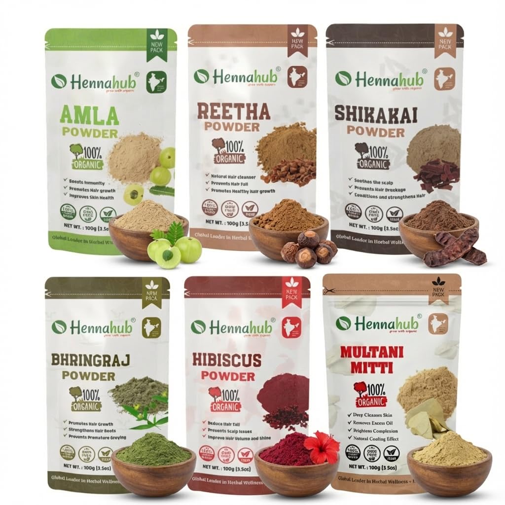 Hennahub Premium Amla, Reetha, Shikakai, Hibiscus, Bhringraj Powder Combo | Double Filter 100gm Each | Ultimate Natural Hair Care Pack of 5, All,500 Gram, 5 Count-image-45