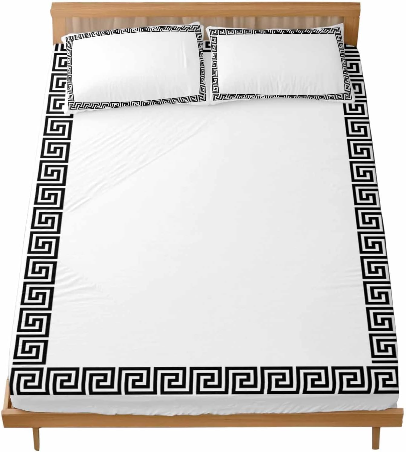 King Bed Fitted Sheets Abstract Inspired Greek Key Pattern Bed Set with 16" Deep Pocket,Soft Microfiber Bedding Bottom Sheet with 2 Decorative Pillowcases Geometric Twist Line on White
