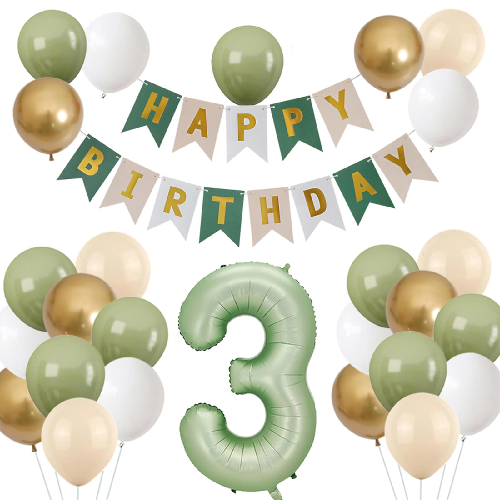 Sage Green 3rd Birthday Decorations Boy, First Birthday Balloons with Happy Birthday Banner, 3 Year Old Boy Birthday Decorations, Olive Cream Metallic Gold Number 3 Balloon Set for Party Decor