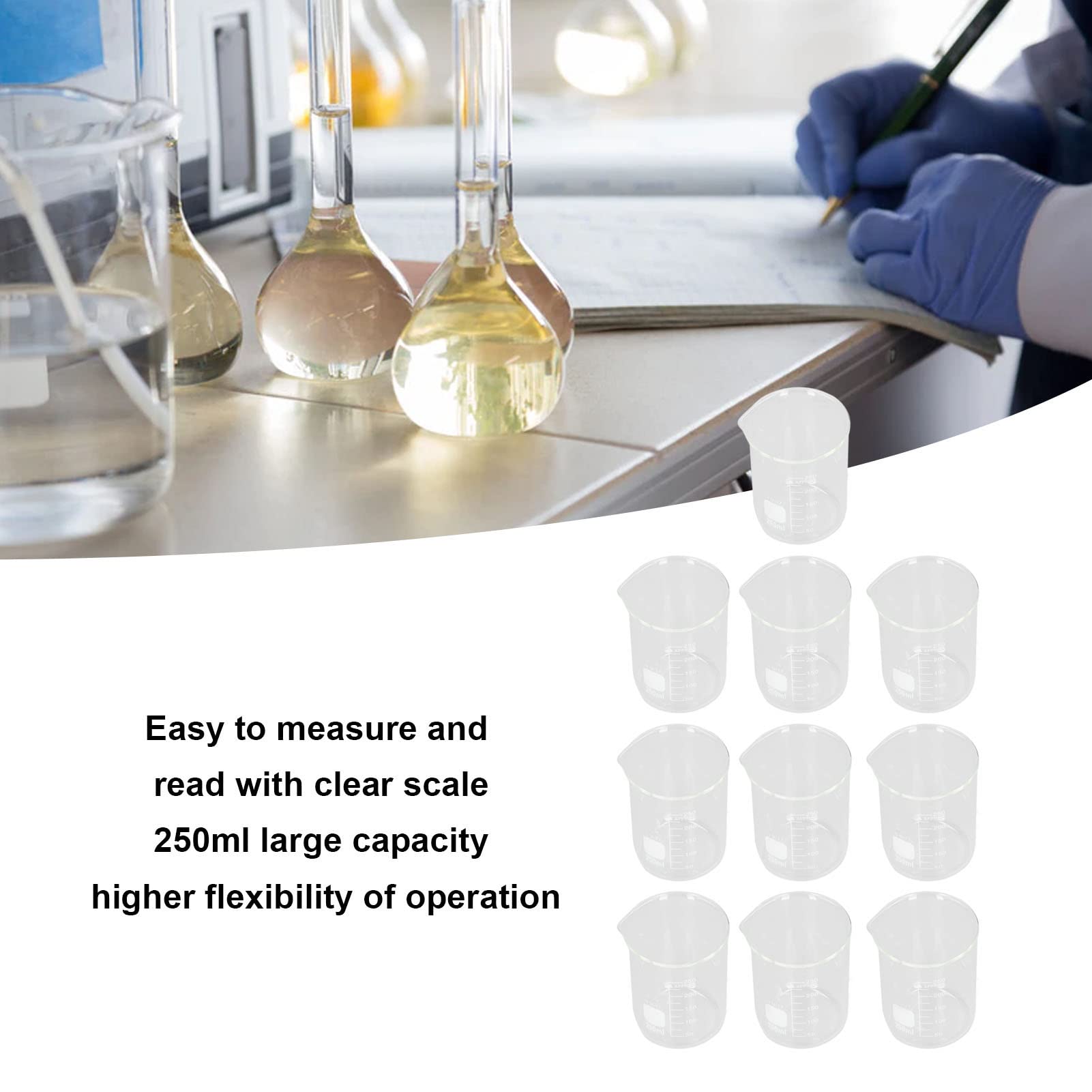 Hilitand 10pcs Glass Scientific Beaker Set, 250ml Capacity Clear Scale for Experiment Ideal for Laboratory Projects or Kitchens, Hilitandd0k5gns2v1