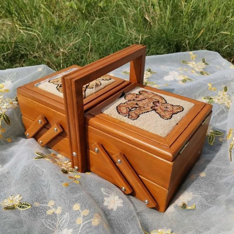 Drewniany kosz do szycia, Drewniana skrzynka na przybory do szycia 24x13,5x15 cm, rozszerzalna, wielokomorowa, organizer do robótek ręcznych, artykuły krawieckie