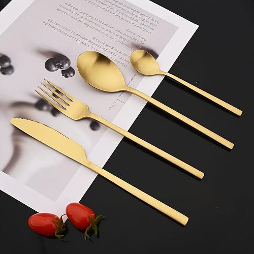 Miniatura 2 de JASHII Juego de cubiertos cepillados, 24 piezas de acero inoxidable, servicio para 6, cucharas de tenedor de cuchillo mate con mango plano cuadrado,