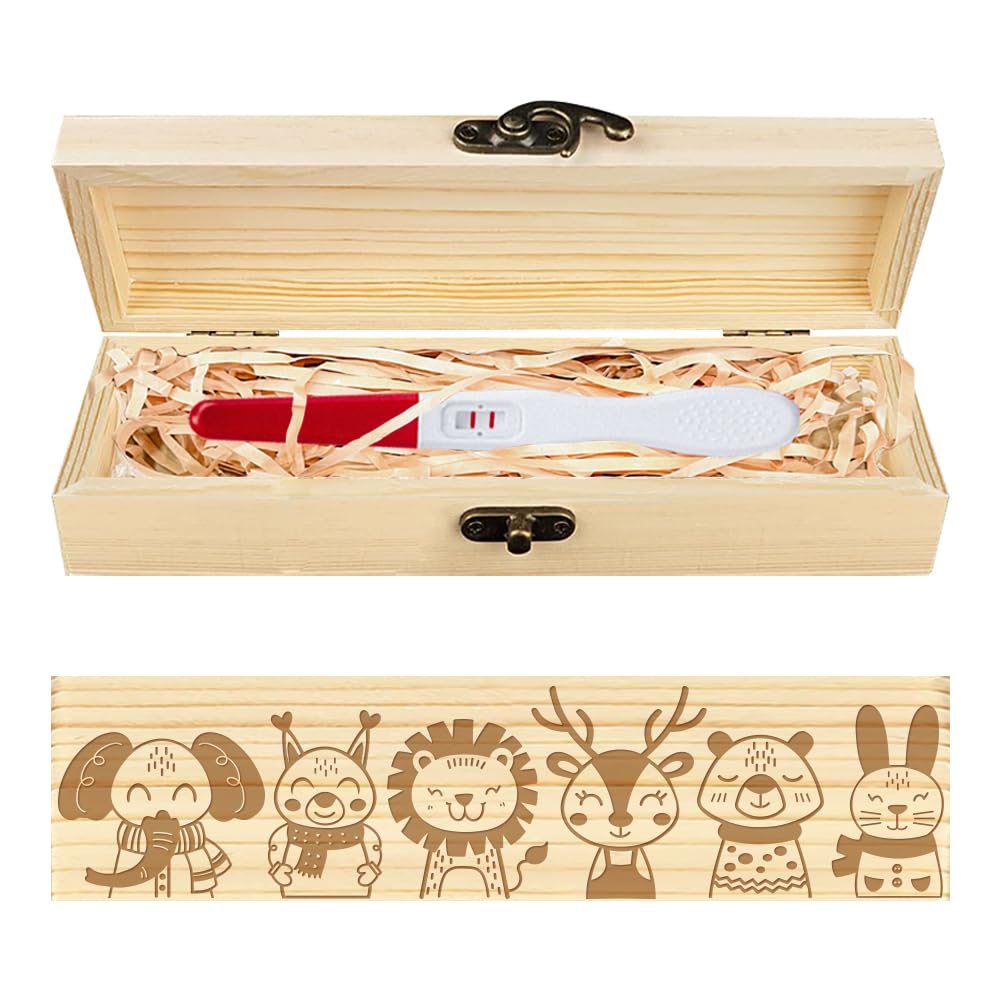 CHGCRAFT Bohemia Pregnancy Test Keepsake Box Cartoon Forest Animals Wooden Pregnancy Announcement Gifts Box with Raffia Ribbon and Lock Announcement Gifts for Dad Husband 8x2x1.2inch
