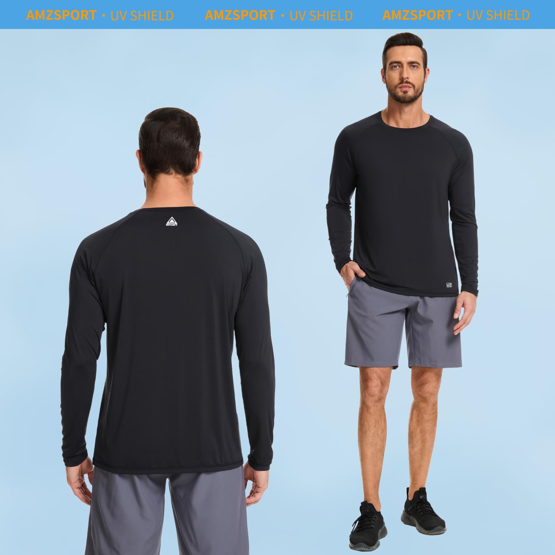 AMZSPORT Maglietta UV Uomo Rashguard UPF 50 Maglietta a Maniche Lunghe e Corte Protezione Solare Traspirante Asciugatura Rapida Maglietta Protettiva per Pesca, Surf, Escursionismo, Ciclismo