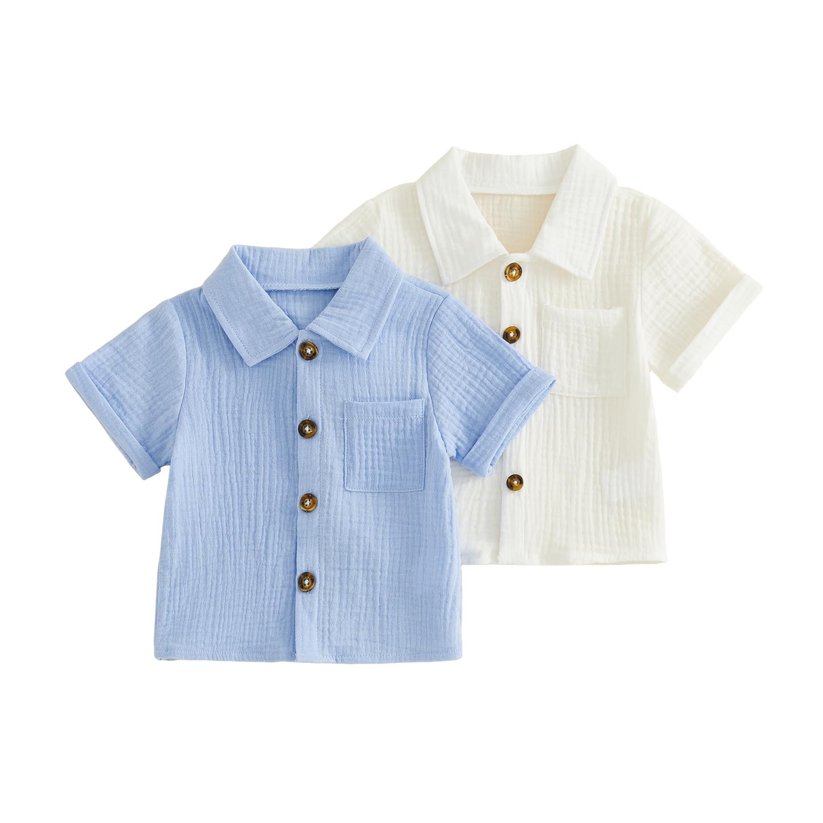 Lot de 2 polos pour enfant garçon - Couleur unie - Manches courtes - Col en V - Boutonné - Vêtements d'été en coton doux et lin - T-shirt basique