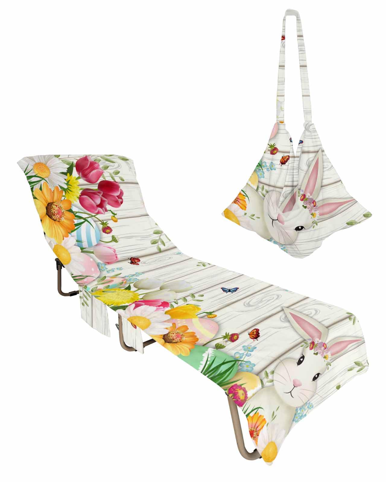 Easter Beach Chair Towel Covers for Chaise Lounge with Side Pocket, Soft Plush Pool Towels Cover for Patio Sunbathing Outdoor 29''x85'' Egg Bunny Eucalyptus Spring Daisys Beige Woodgrain