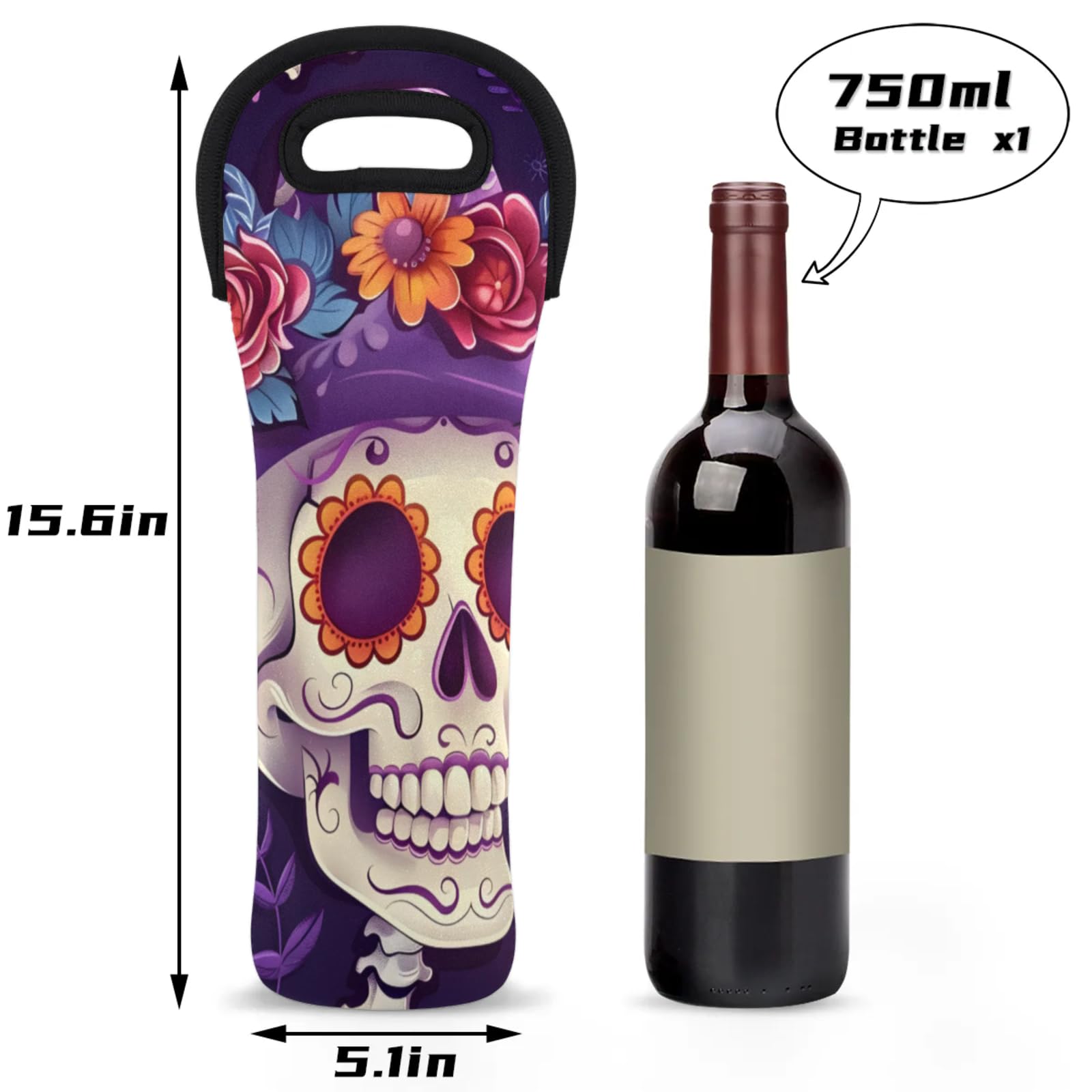 Neoprene Wine Tote Carrier Bag for Wine,Water, Champagne, Beer, Baby Bottles 15.6 x 5.1 Inches, Protective Wine Bag,Mexican Floral Skull