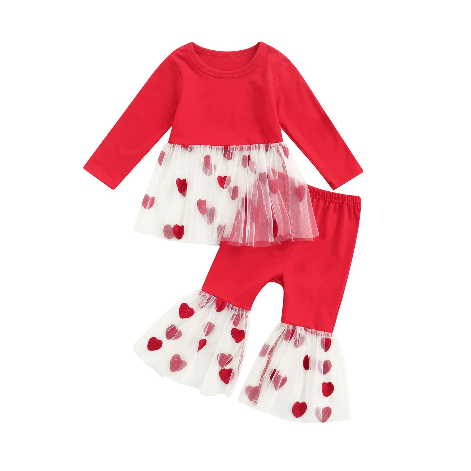 Baby Girl Valentine's Day Outfits Long Sleeve Letters T-Shirt Heart Bell-Bottoms Pants with Headband Toddler Holiday Clothes Set (Red, 2-3T)