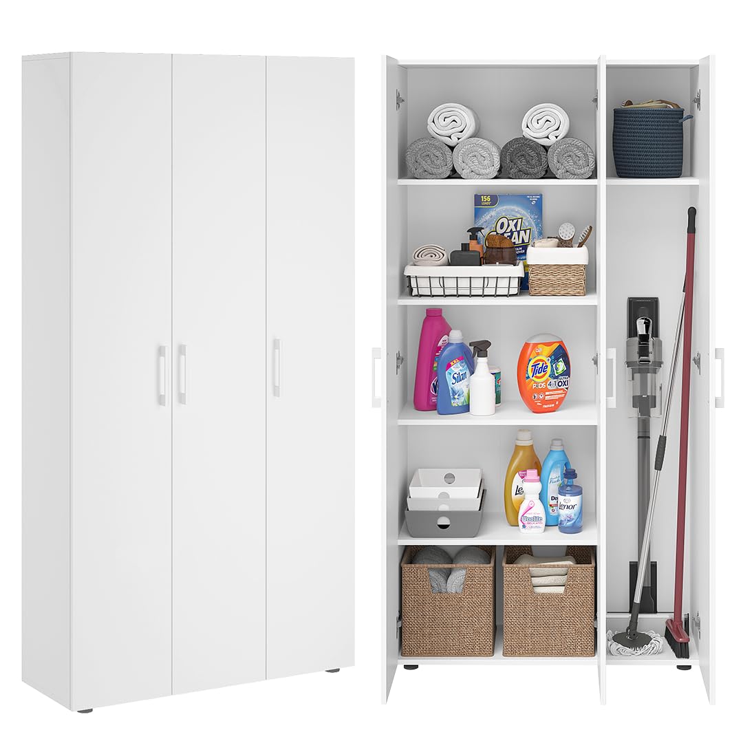 Bellamio Apol Mehrzweckschrank Weiß – Besenschrank 90 cm breit mit Stauraum – Putzschrank mit Staubsaugerfach – Vorratsschrank Küche - Aktenschrank aus Holz - Flurschrank – Aufbewahrungsschrank