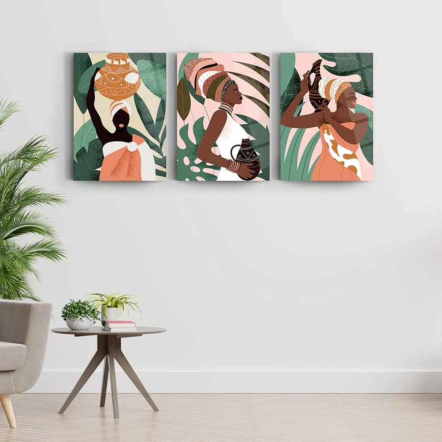 DEKADRON African Woman 23 Set Of 3 Wall Decor Glass Wall Art Frameless Free Floating Tempered Glass Panel