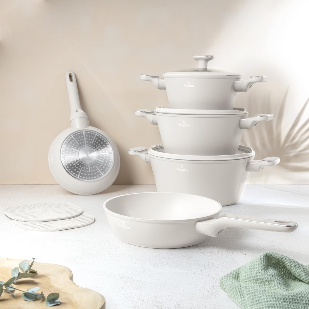Berlinger Haus 10-teiliges Titanbeschichtetes Kochgeschirr Set Sahara Marble Collection – Antihaft, langlebig, leicht zu reinigen, ideal für gesundes Kochen und stilvolles Servieren